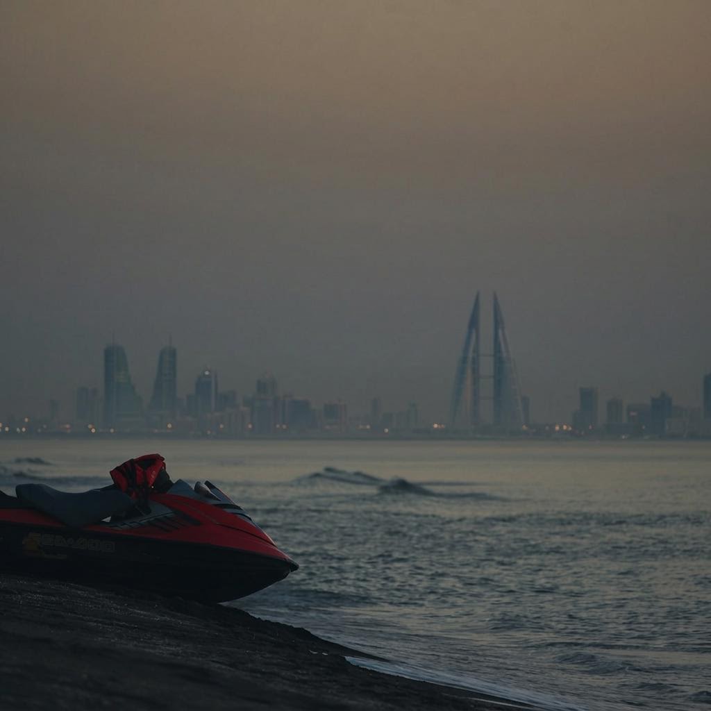 A red jet ski by the water with the distant Manama skyline across the Gulf