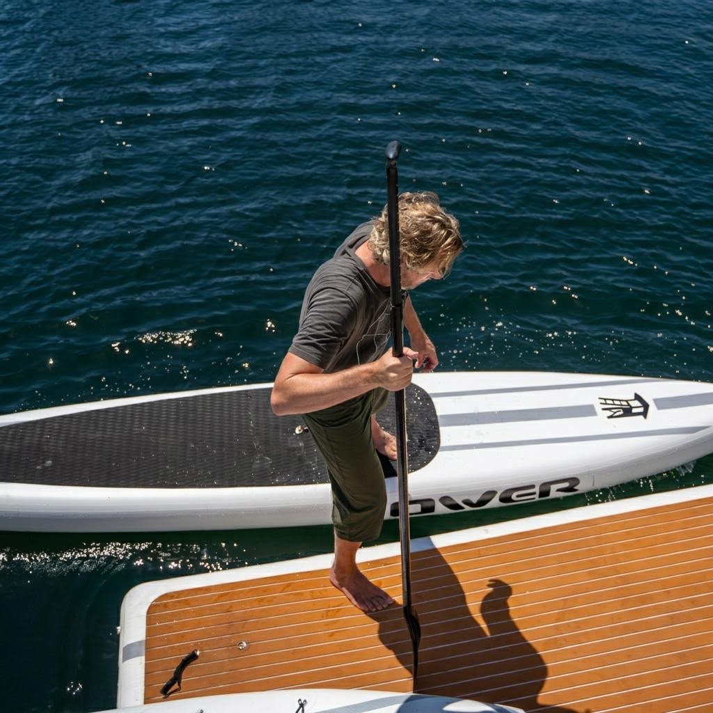 A person holding a paddle beside a stand-up paddleboard on deep blue water